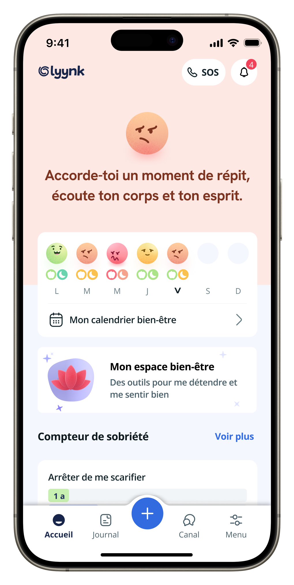 Écran d'accueil de l'application mobile Lyynk : humeur, calendrier bien-être, espace bien-être
